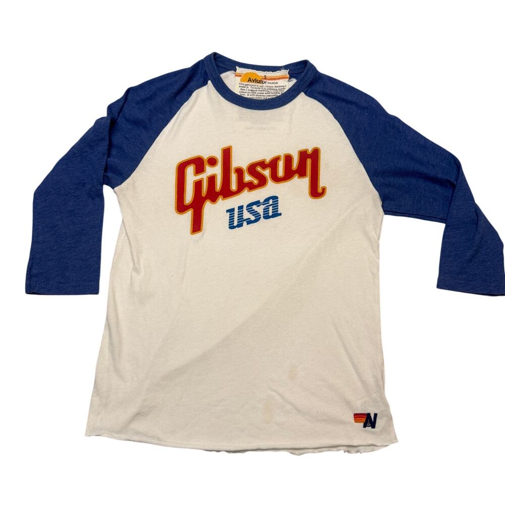 Aviator Nation Gibson USA Guitar Raglan Baseball Tee Shirt Unisex Small Retro